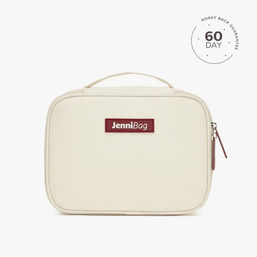 A beige cosmetic bag with the brand name JenniBag printed on the front, displayed against a white background with a '60 DAY' guarantee seal in the top right corner.