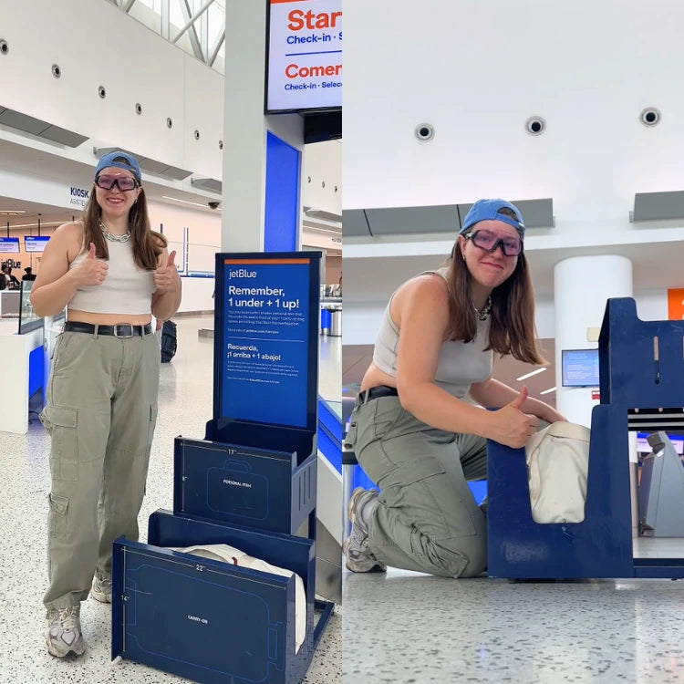 Woman at an airport using a blue suitcase organizer with 'jetBlue' branding.