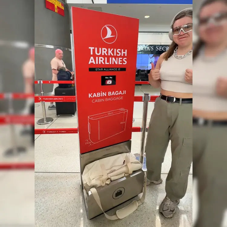 Person standing next to a Turkish Airlines cabin baggage sign at an airport.