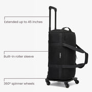 Black rolling suitcase with extended handle and 360-degree spinner wheels on a white background.