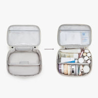 Portable travel case with compartments filled with skincare products on a white background.